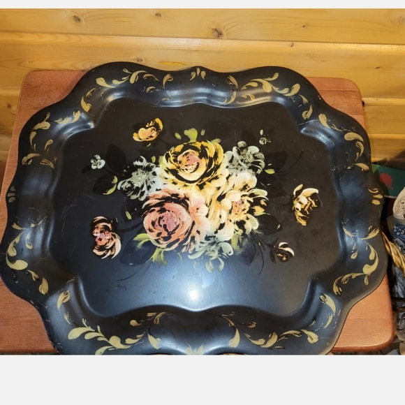 Vintage 1950 Metal Serving Tray Toleware Hand Painted Pink Roses Shabby Chic - Picture 3 of 12